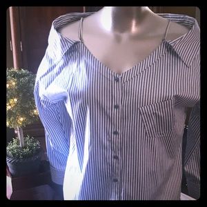 NY & Co blue/white striped off shoulder shirt